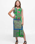 24sevenkid Girls Green Scarf Print Side Slit Maxi Dress