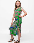24sevenkid Girls Green Scarf Print Side Slit Maxi Dress
