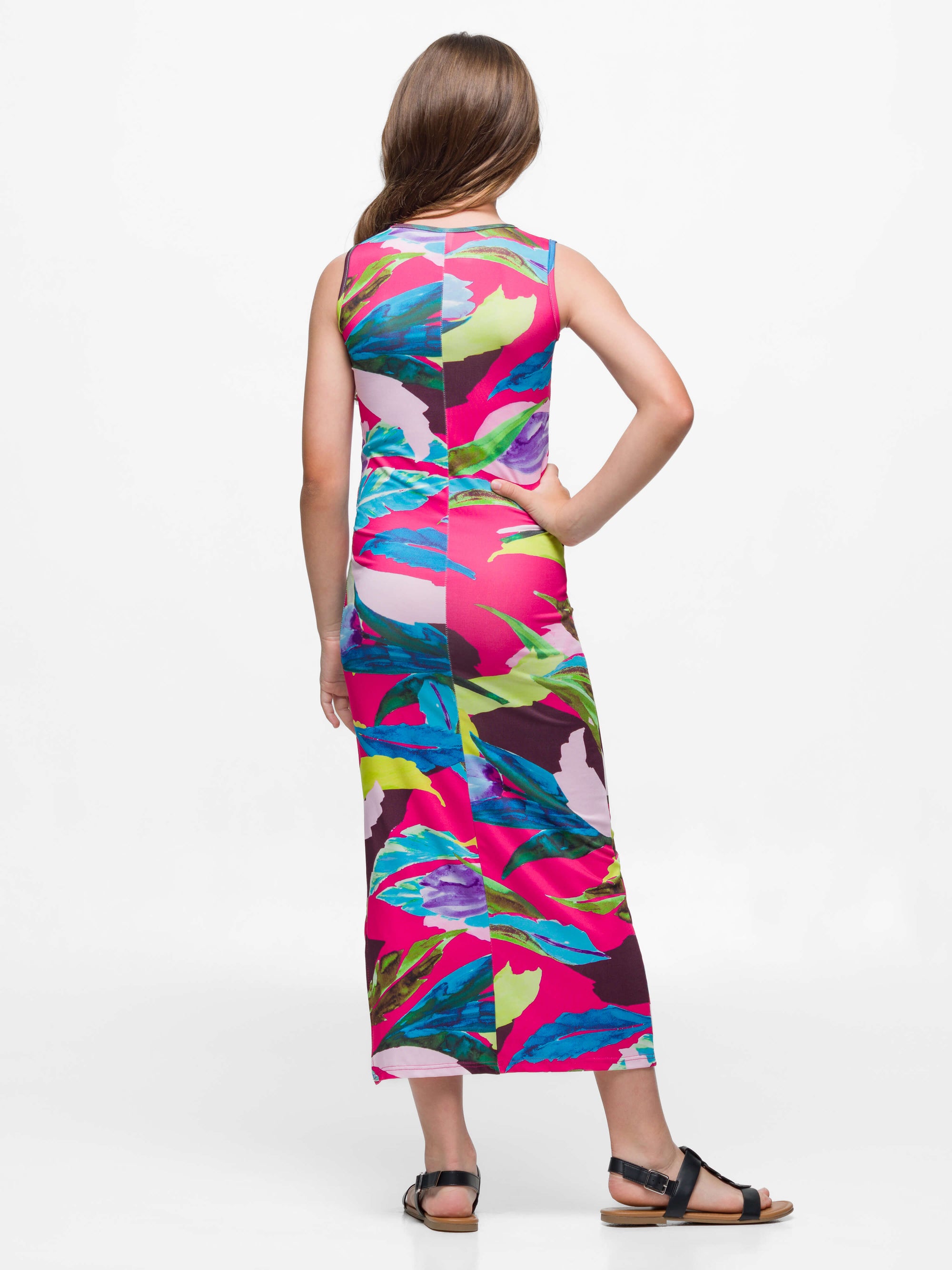 24sevenkid Girls Pink Floral Print Side Slit Maxi Dress