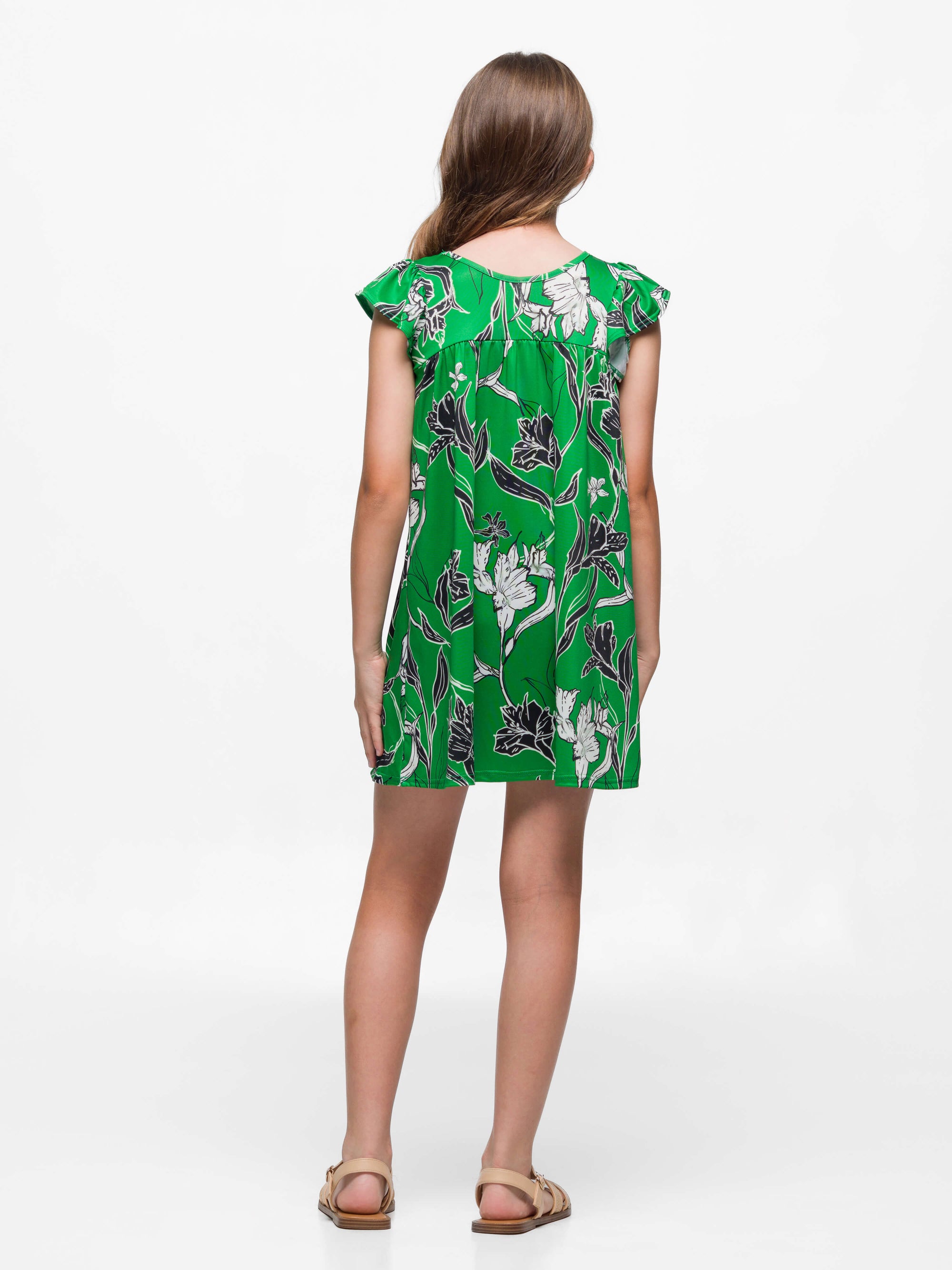 24sevenkid Girls Green Floral Print Cap Sleeve Babydoll Dress