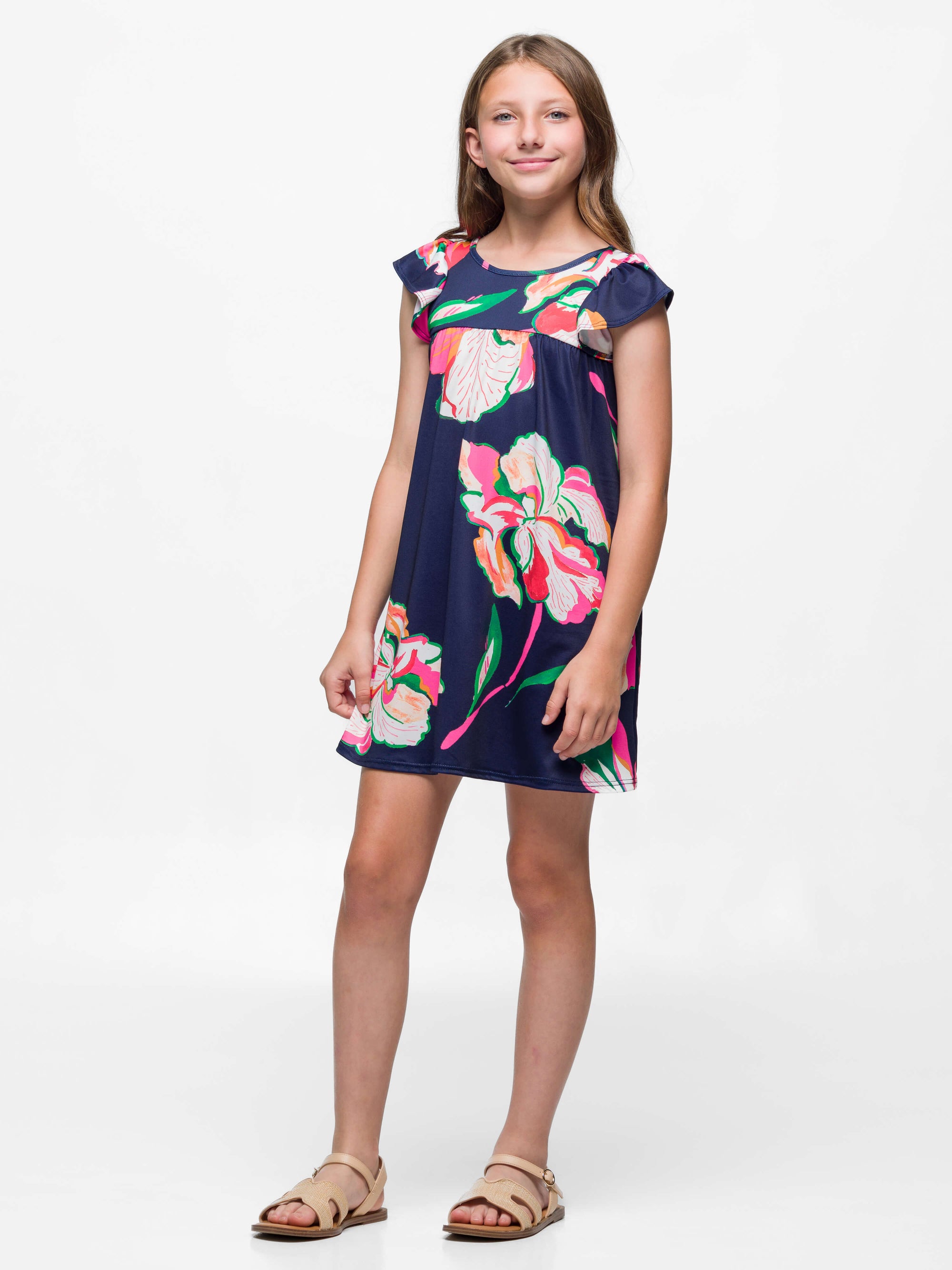 24sevenkid Girls Navy Blue Floral Print Cap Sleeve Babydoll Dress