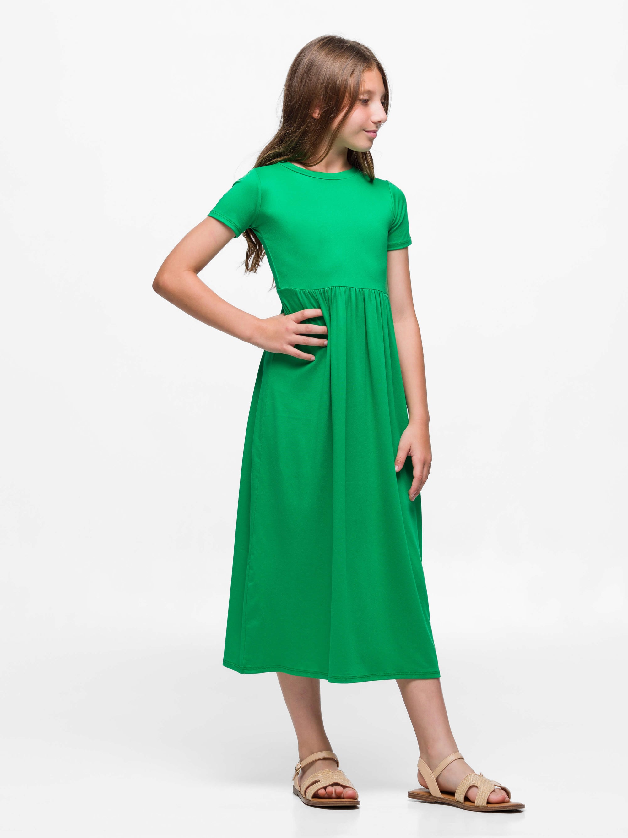 24seven Comfort Apparel Girls Short Sleeve Pleated Midi Dress