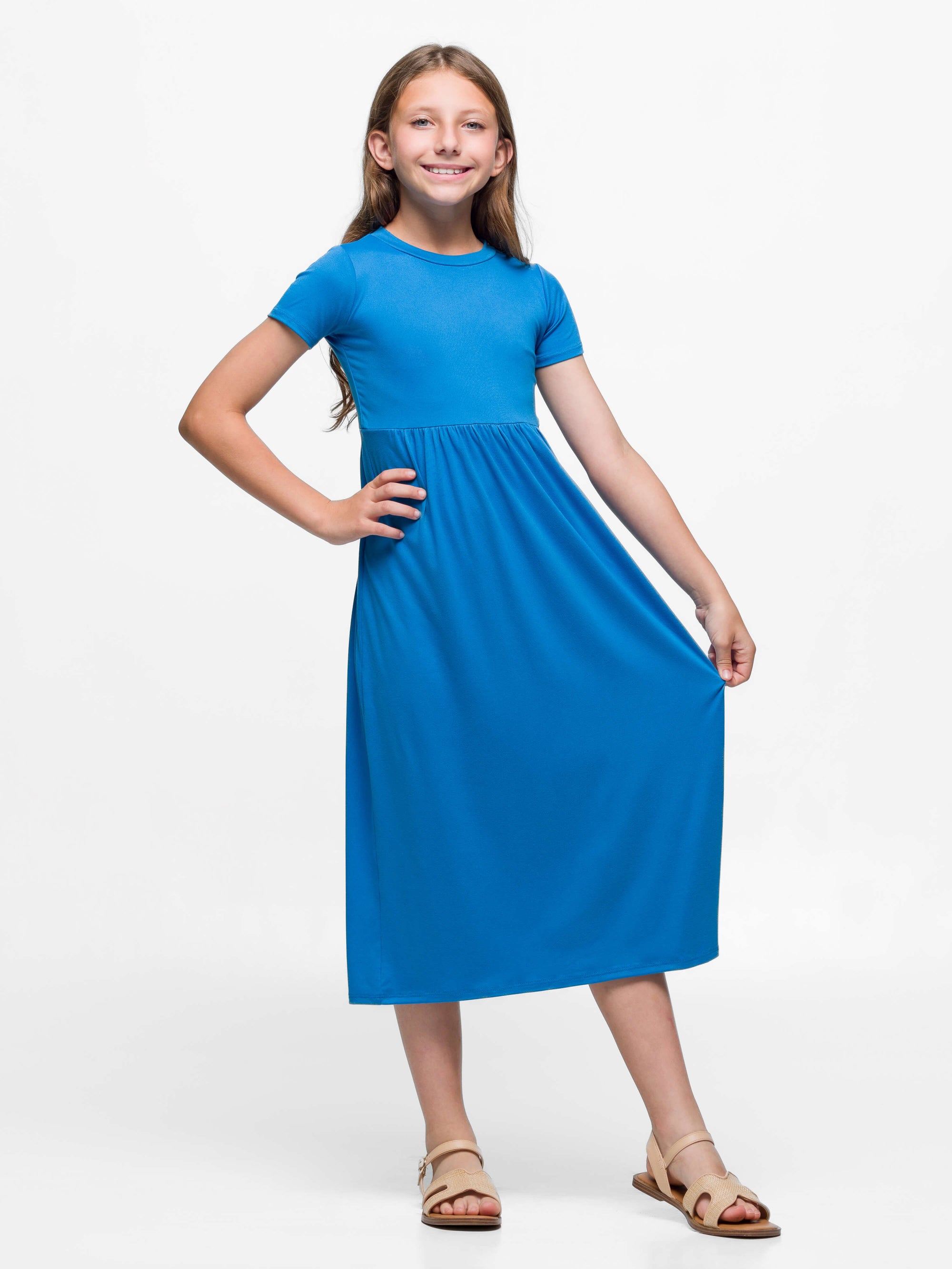 24seven Comfort Apparel Girls Short Sleeve Pleated Midi Dress