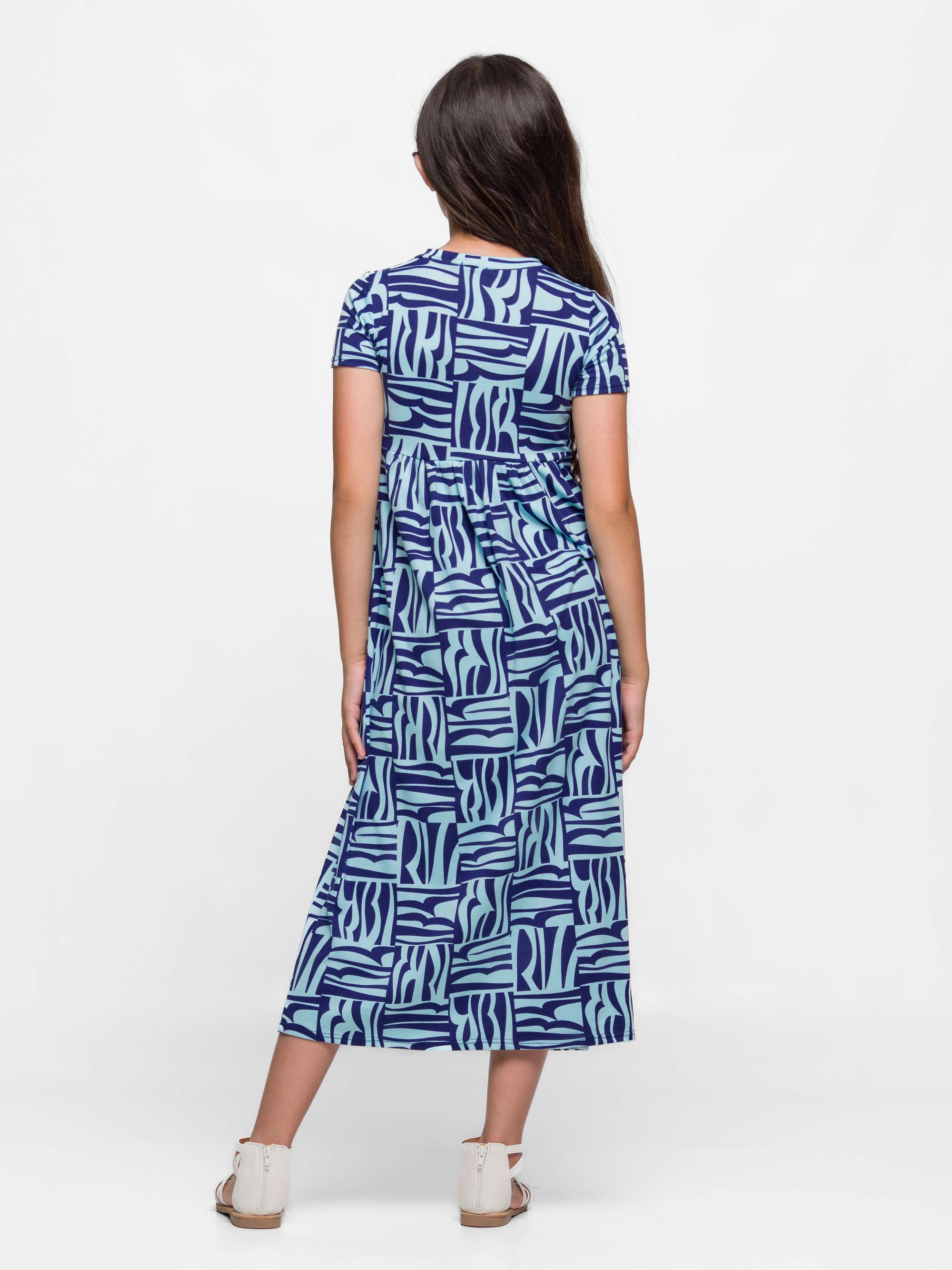 24sevenkid Girls Short Sleeve Blue Geo Print Maxi Dress