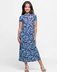 24sevenkid Girls Short Sleeve Blue Geo Print Maxi Dress