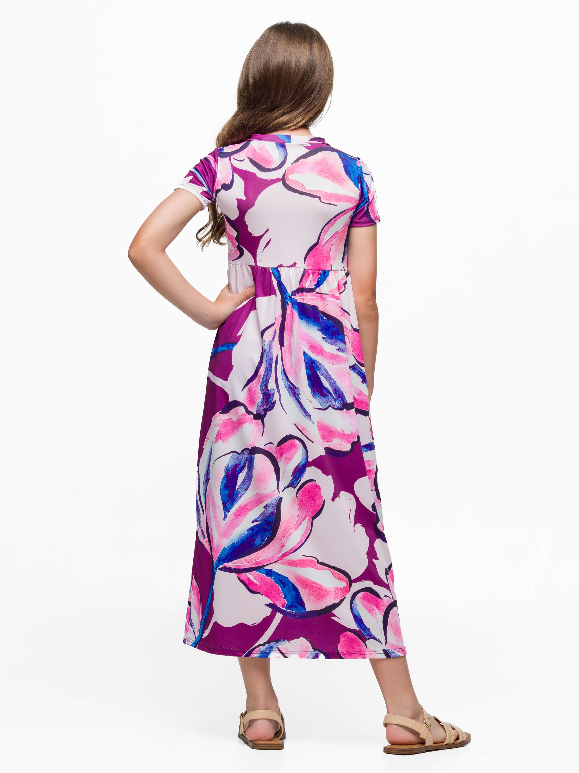 24sevenkid Girls Purple Floral Print Short Sleeve Maxi Dress