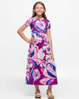 24sevenkid Girls Purple Floral Print Short Sleeve Maxi Dress