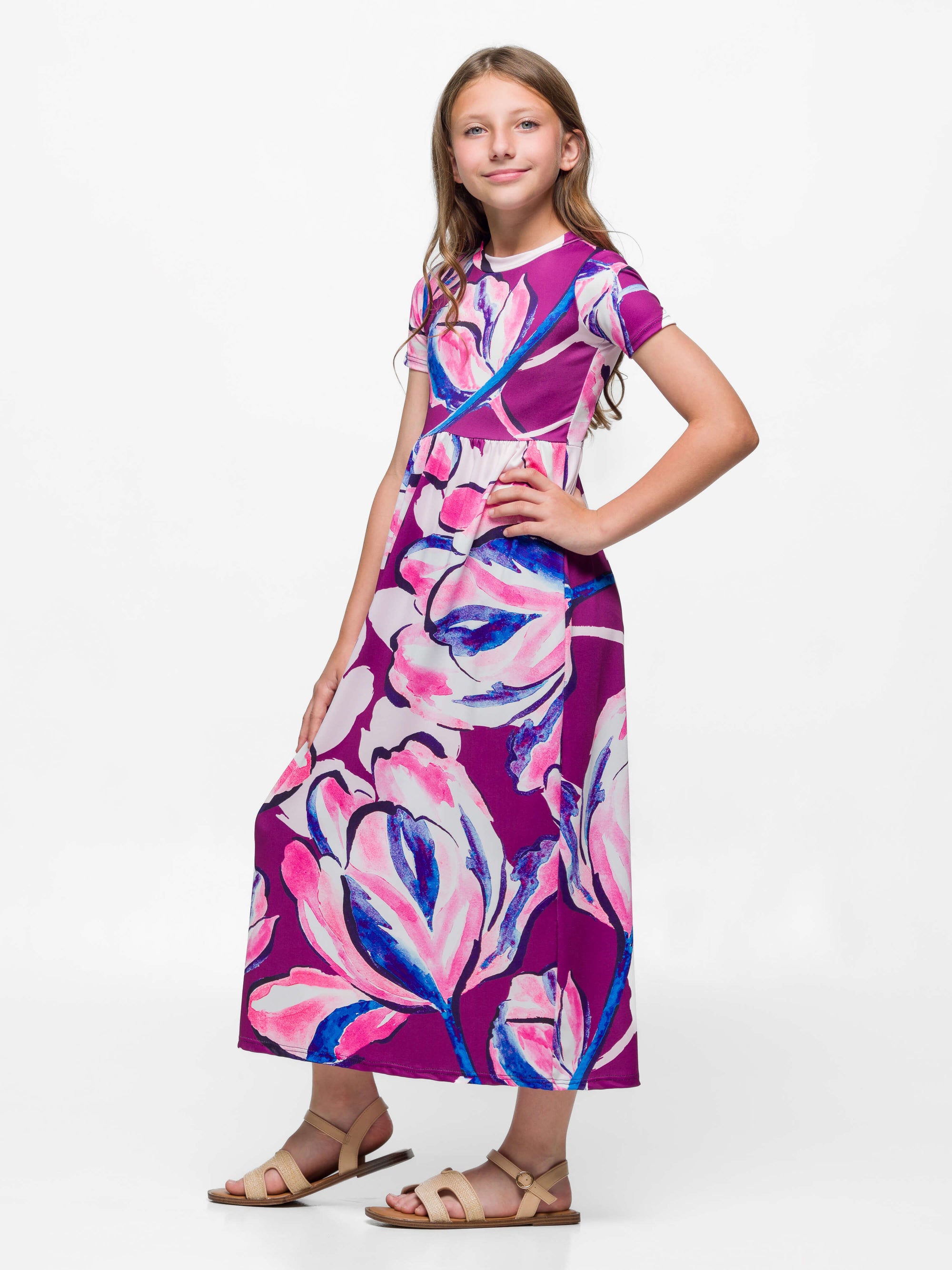 24sevenkid Girls Purple Floral Print Short Sleeve Maxi Dress