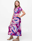 24sevenkid Girls Purple Floral Print Short Sleeve Maxi Dress