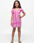 24sevenkid Girls Pink Print Cold Shoulder A Line Dress