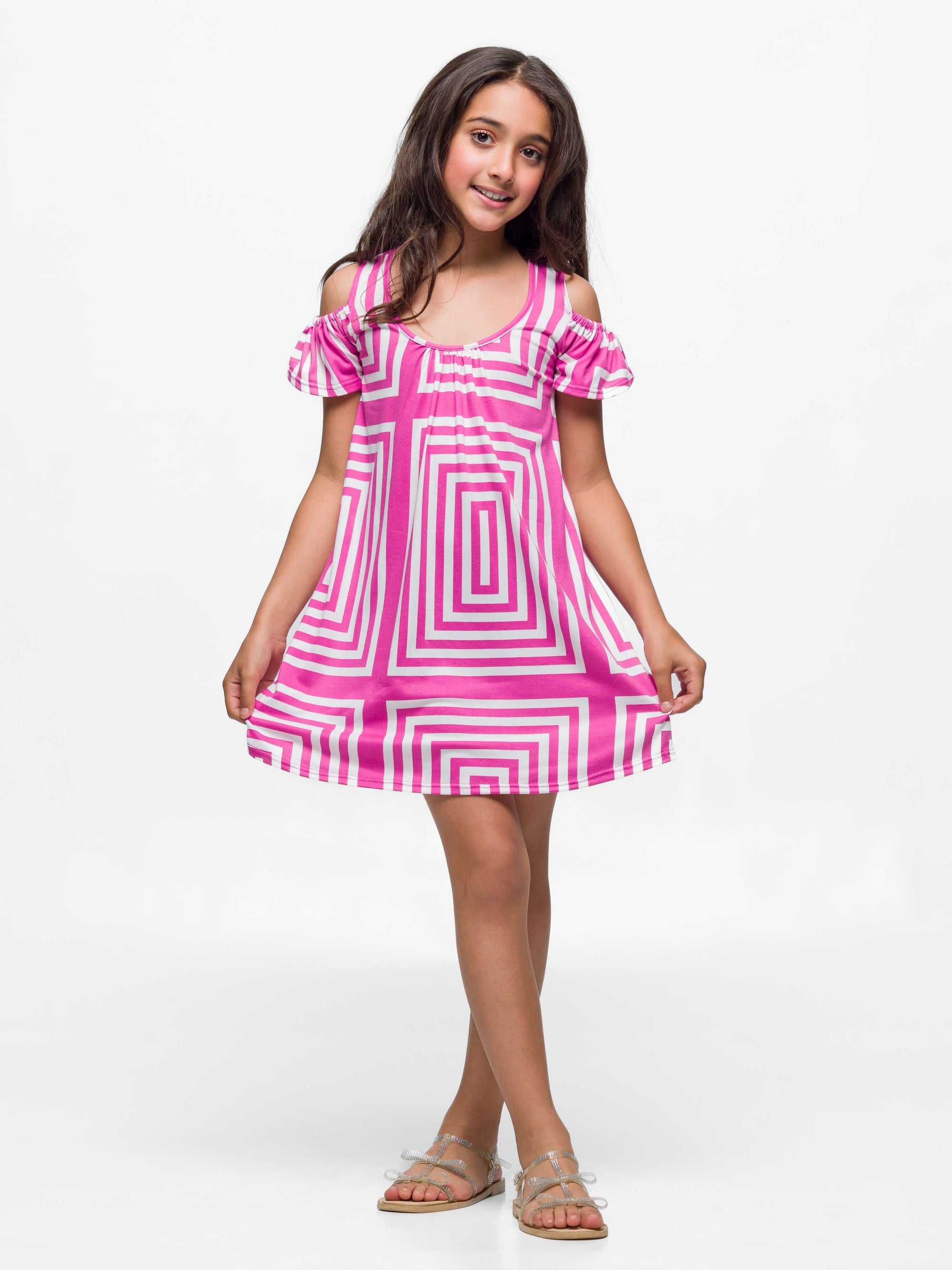 24sevenkid Girls Pink Print Cold Shoulder A Line Dress