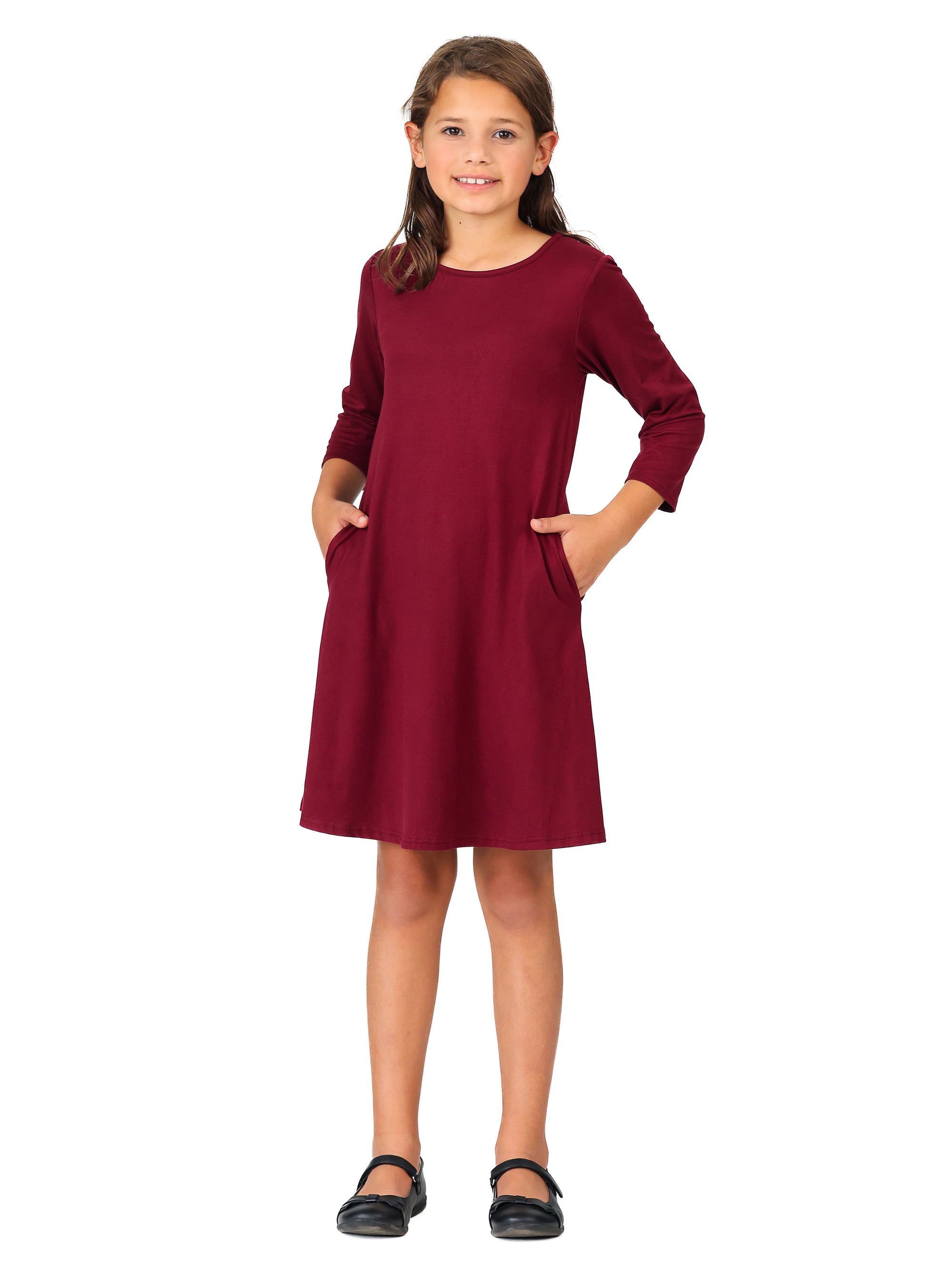 24seven Comfort Apparel Girls Long Sleeve Loose Fit Knee Length Tunic Pocket Dress