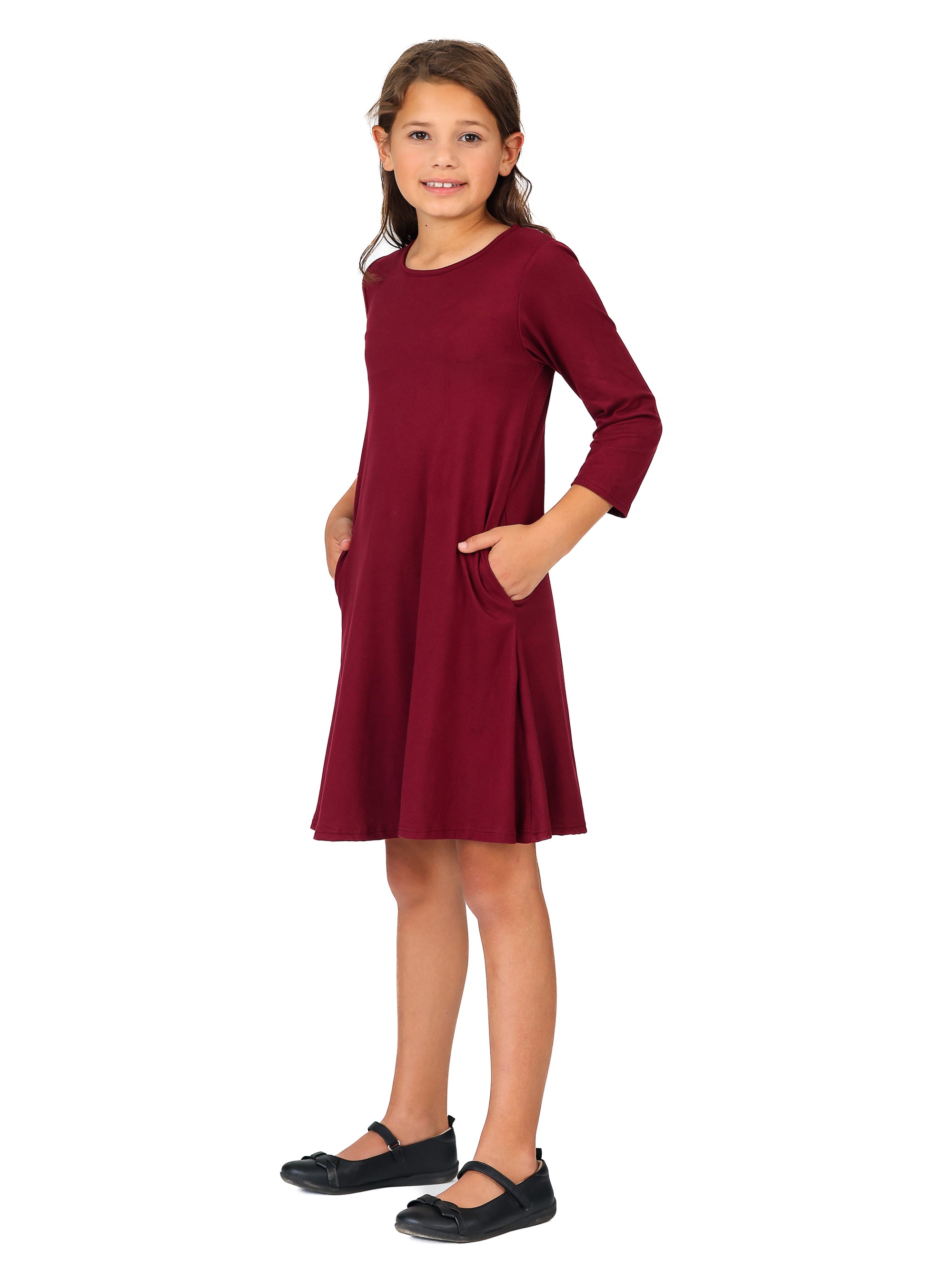 24seven Comfort Apparel Girls Long Sleeve Loose Fit Knee Length Tunic Pocket Dress