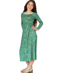 24seven Comfort Apparel Green Print Girls Long Sleeve Maxi Dress