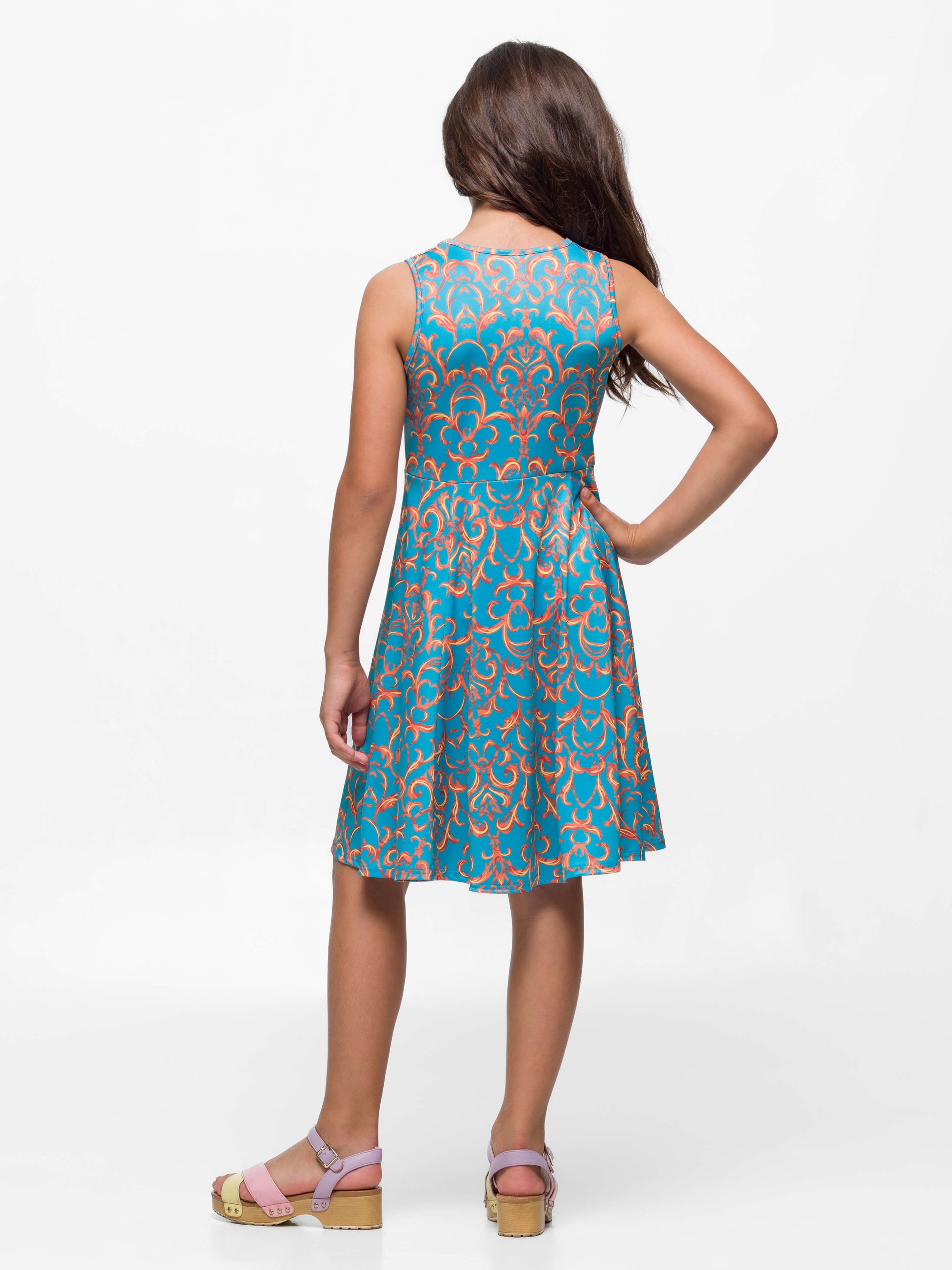 24sevenkid Girls Sky Blue and Orange Print Fit and Flare Dress