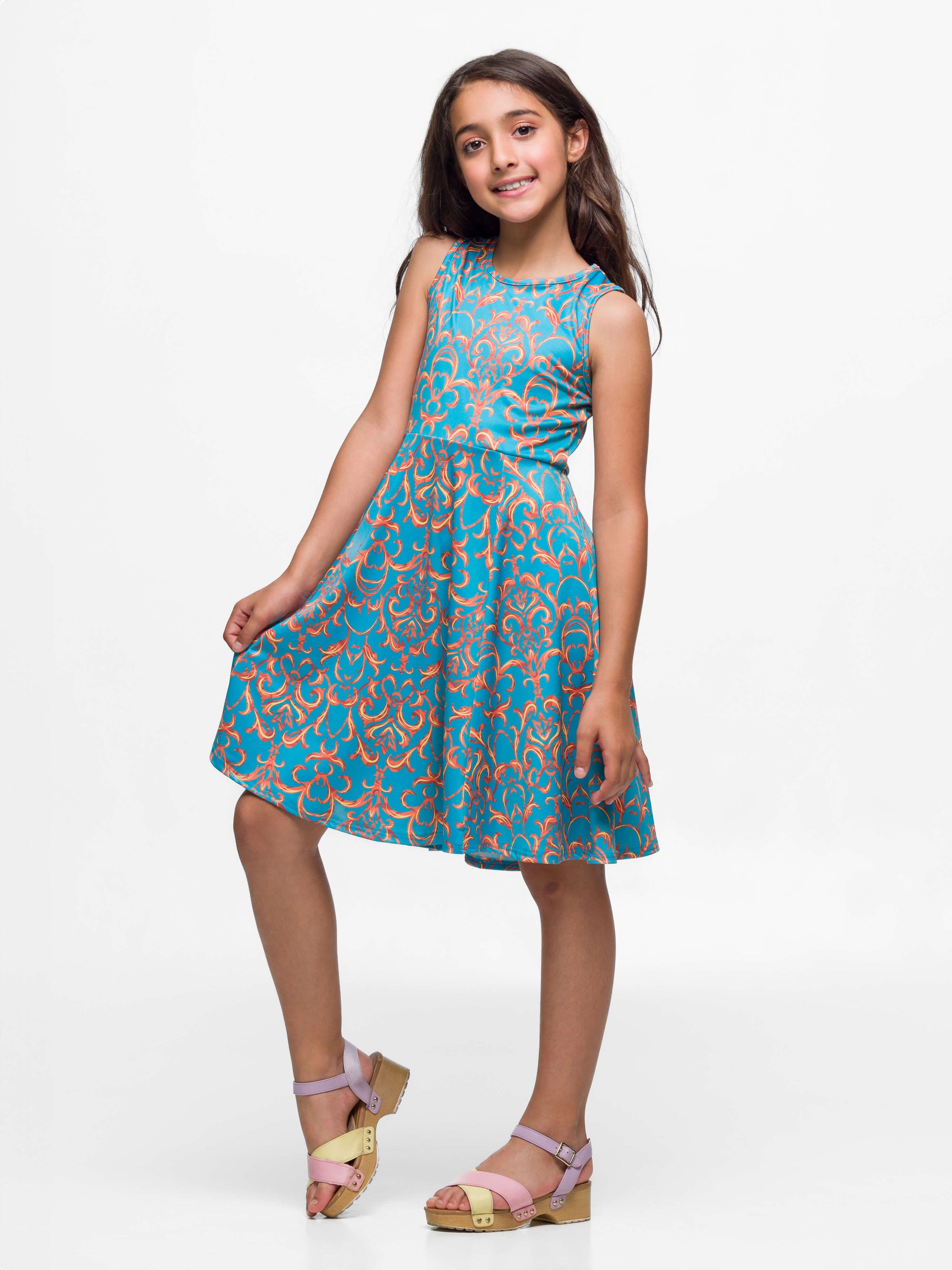 24sevenkid Girls Sky Blue and Orange Print Fit and Flare Dress
