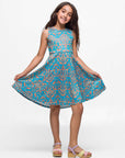 24sevenkid Girls Sky Blue and Orange Print Fit and Flare Dress