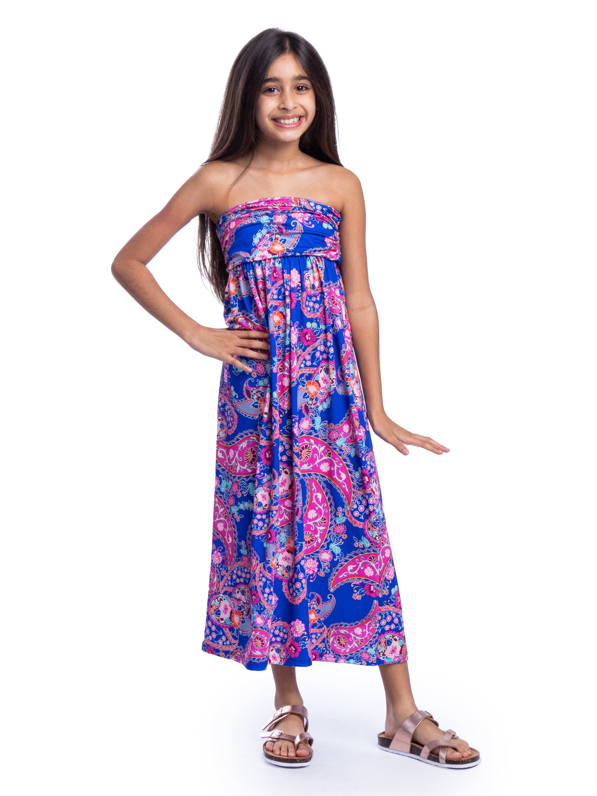 Girls Blue Paisley Print Strapless Tube Maxi Dress – 24seven
