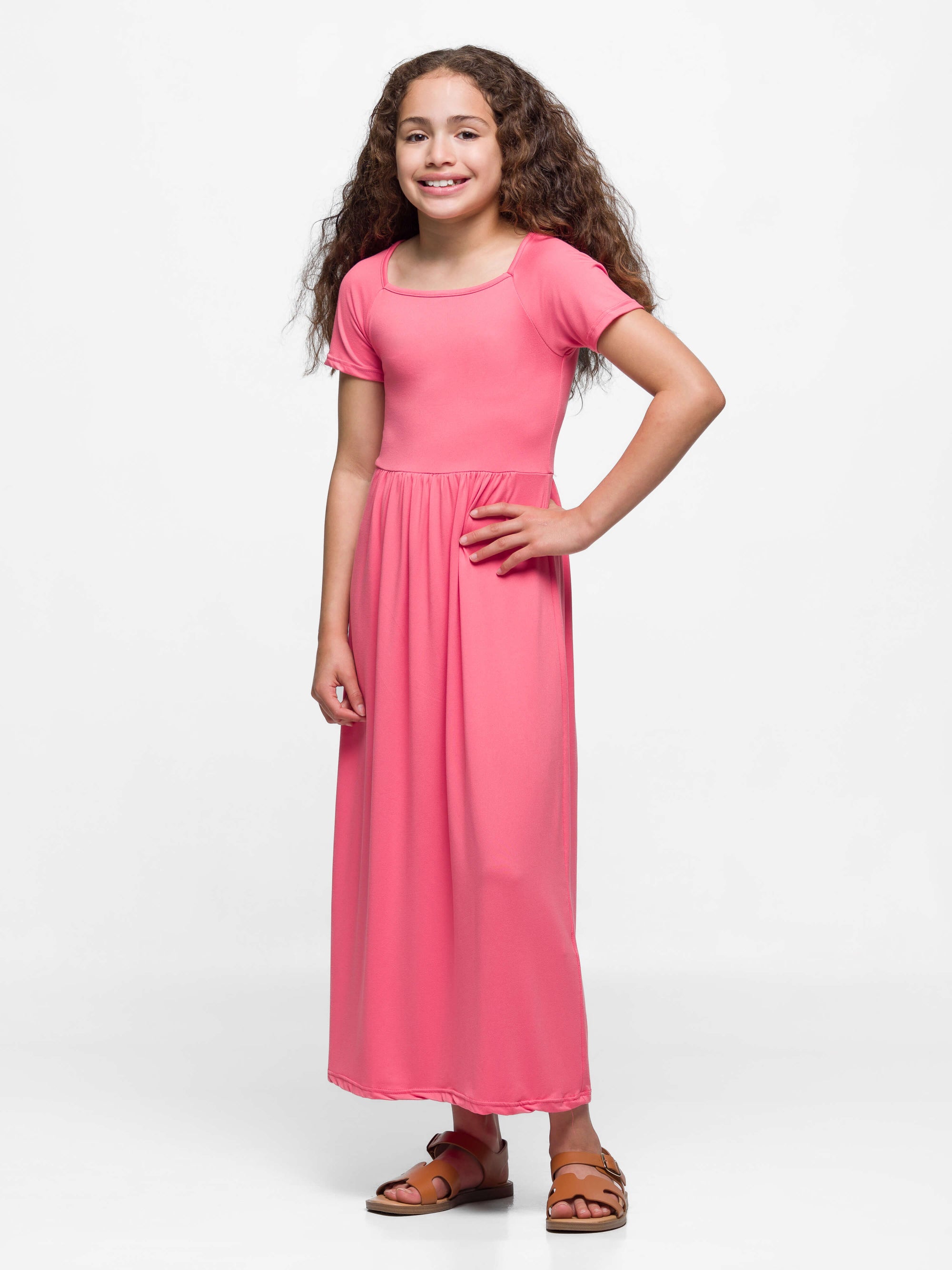 Girls Short Sleeve Pleated Maxi Dress