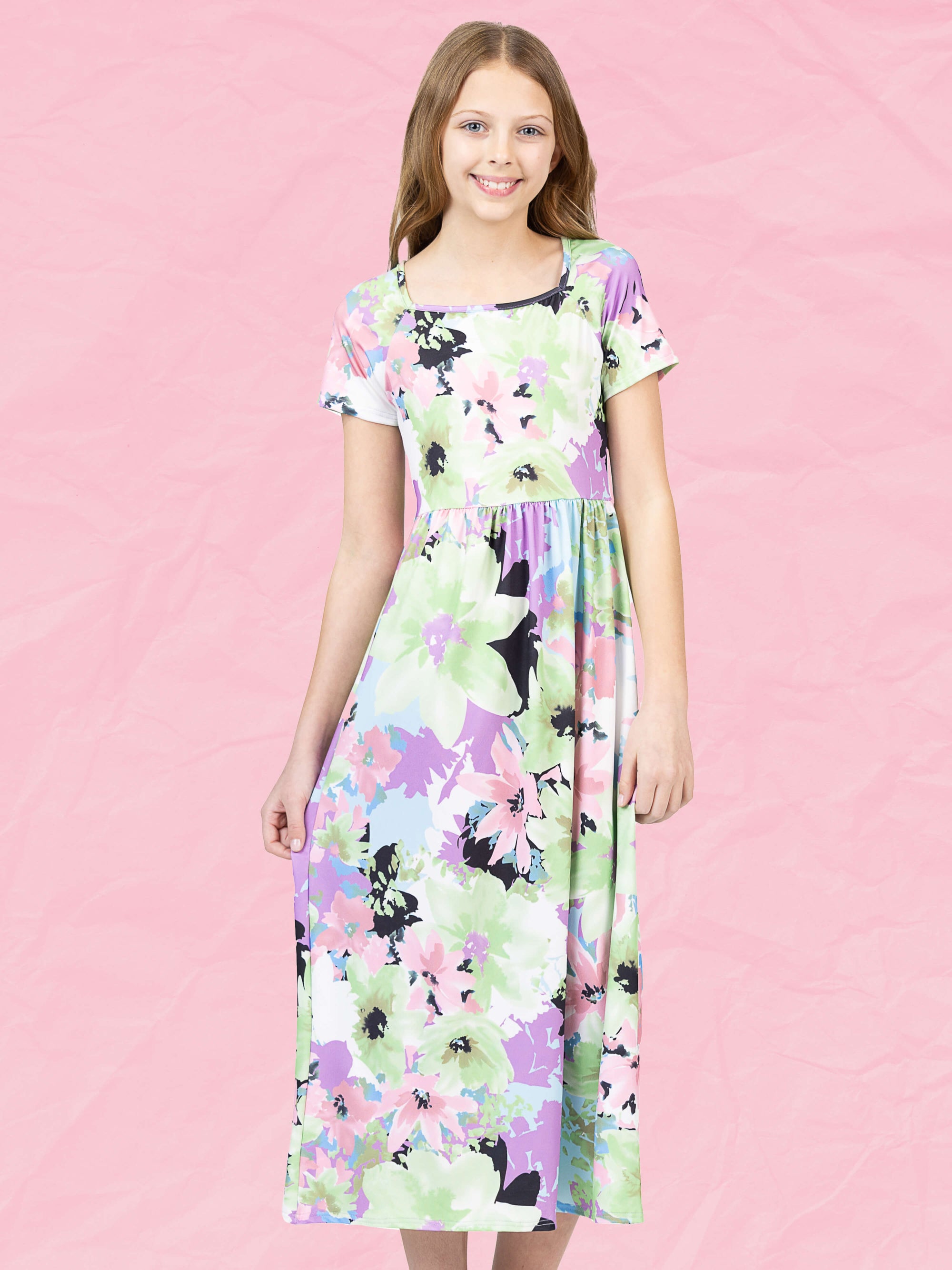 24sevenkid Girls Pastel Floral Print Short Sleeve Maxi Dress