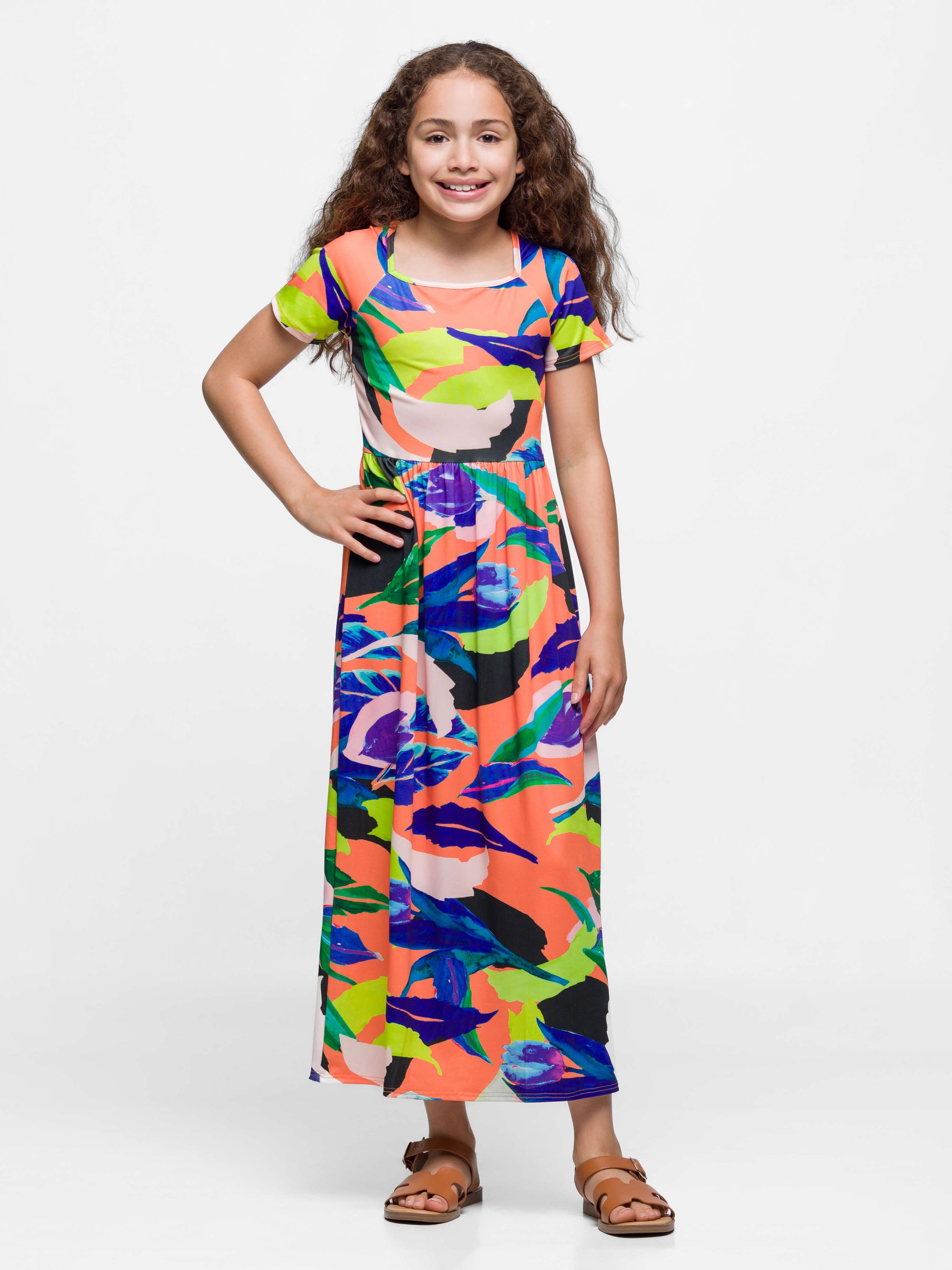 24sevenkid Girls Bright Floral Print Short Sleeve Maxi Dress