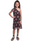 Girls Black Floral One Shoulder Ruffle Knee Length Dress