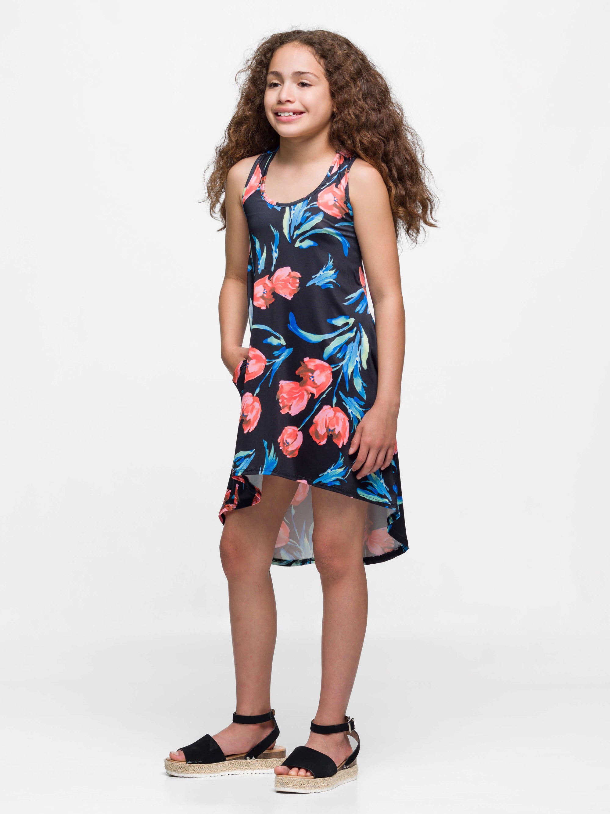 24sevenkid Girls Black Floral High Low Sleeveless Pocket Dress