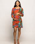 Maternity Orange Floral Print Three Quarter Sleeve A Line Knee Length Dress
