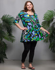 24seven Comfort Apparel Plus Size Blue Butterfly Print Elbow Sleeve Casual Tunic Top