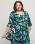24seven Comfort Apparel Plus Size Blue Butterfly Print Elbow Sleeve Casual Tunic Top