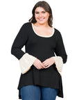 Black and Beige Bell Sleeve Hi Low Plus Size Tunic Top