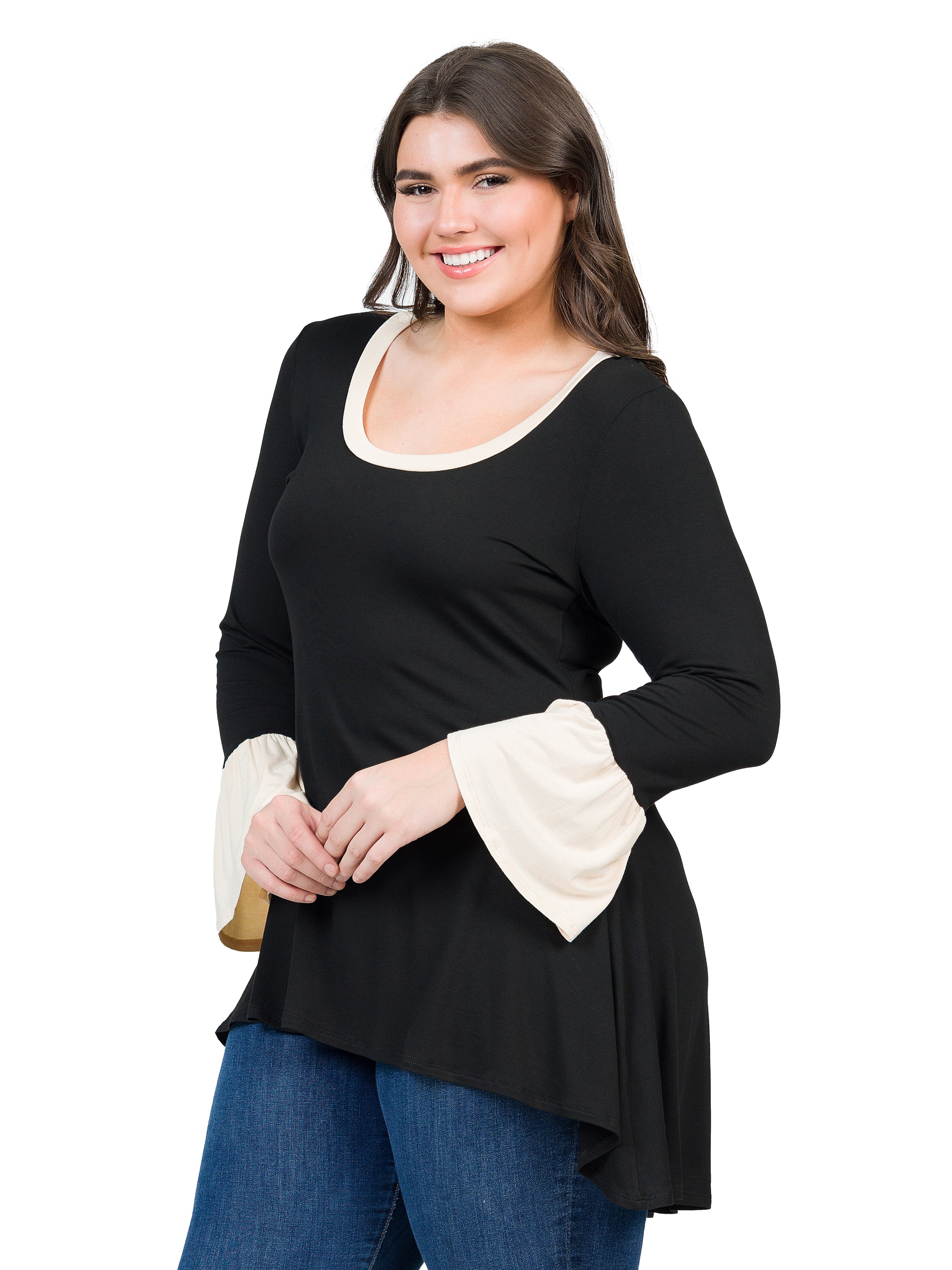 Black and Beige Bell Sleeve Hi Low Plus Size Tunic Top