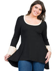 Black and Beige Bell Sleeve Hi Low Plus Size Tunic Top