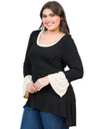 Black and Beige Bell Sleeve Hi Low Plus Size Tunic Top