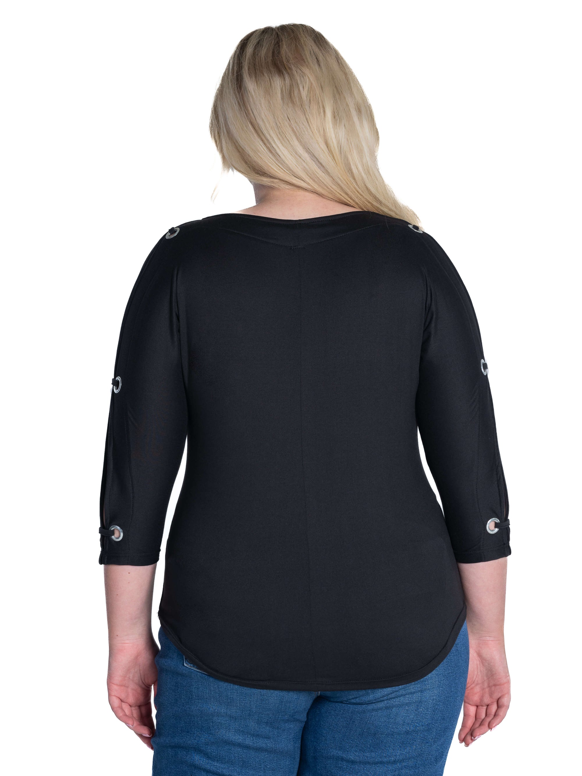 Three Quarter Sleeve Boatneck Cold Shoulder Plus Size Top with Grommet Detail