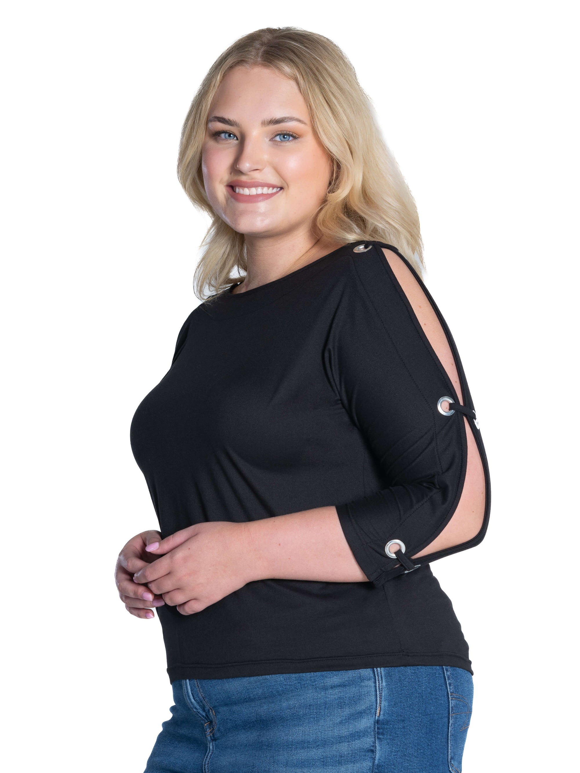 Three Quarter Sleeve Boatneck Cold Shoulder Plus Size Top with Grommet Detail