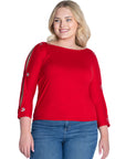 Three Quarter Sleeve Boatneck Cold Shoulder Plus Size Top with Grommet Detail
