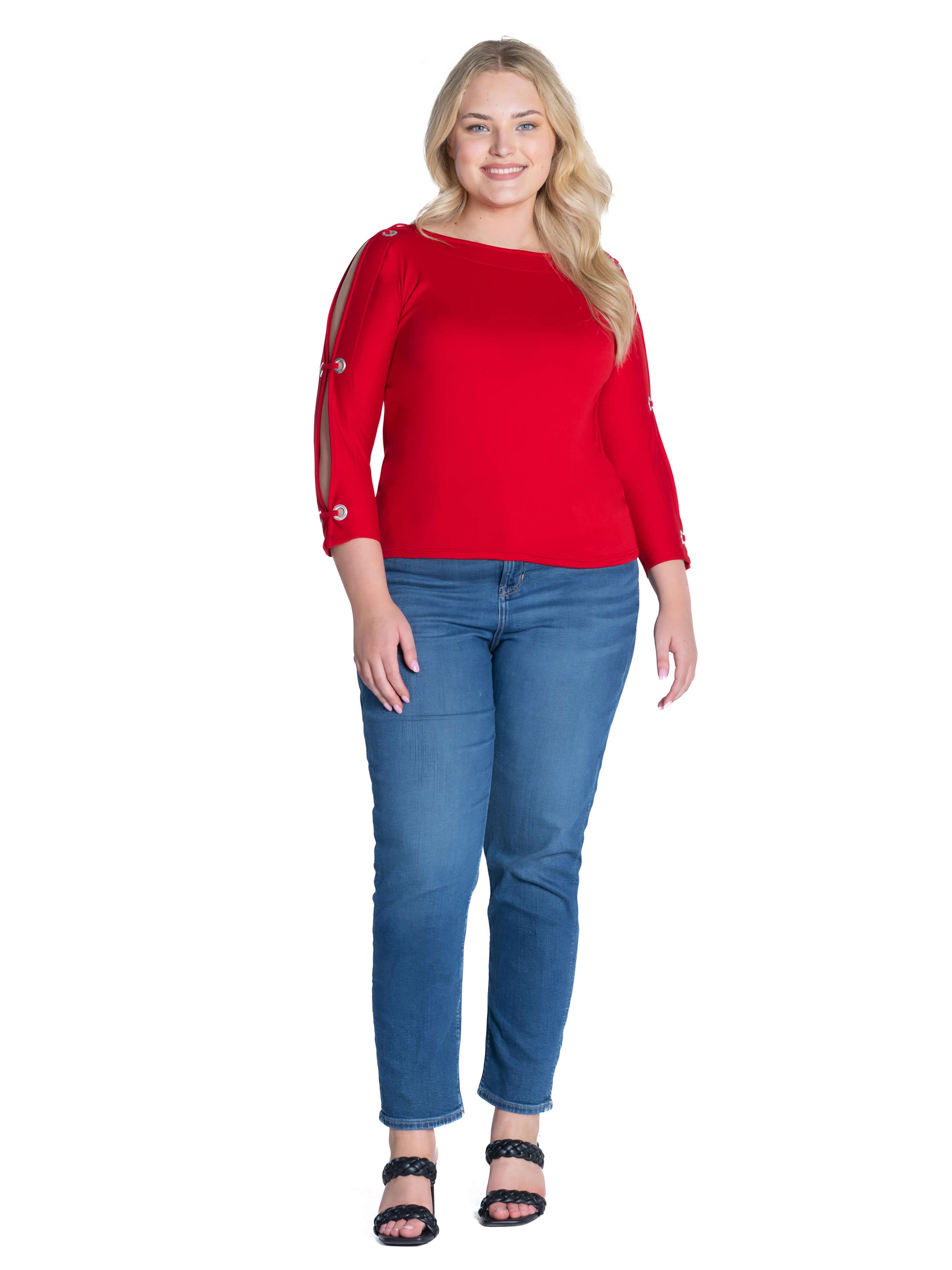 Three Quarter Sleeve Boatneck Cold Shoulder Plus Size Top with Grommet Detail