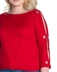 Three Quarter Sleeve Boatneck Cold Shoulder Plus Size Top with Grommet Detail