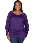 Plus Size Round Neck Long Blouson Sleeve Banded Bottom Top