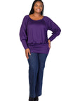 Plus Size Round Neck Long Blouson Sleeve Banded Bottom Top