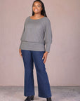 Plus Size Round Neck Long Blouson Sleeve Banded Bottom Top