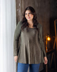 Plus Size Scoop Neck Long Sleeve Shimmery Fabric Tunic Top