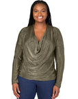 Plus Size Cowl Neck Long Sleeve Shimmery Fabric Top