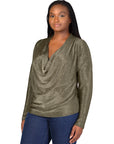 Plus Size Cowl Neck Long Sleeve Shimmery Fabric Top