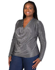 Plus Size Cowl Neck Long Sleeve Shimmery Fabric Top