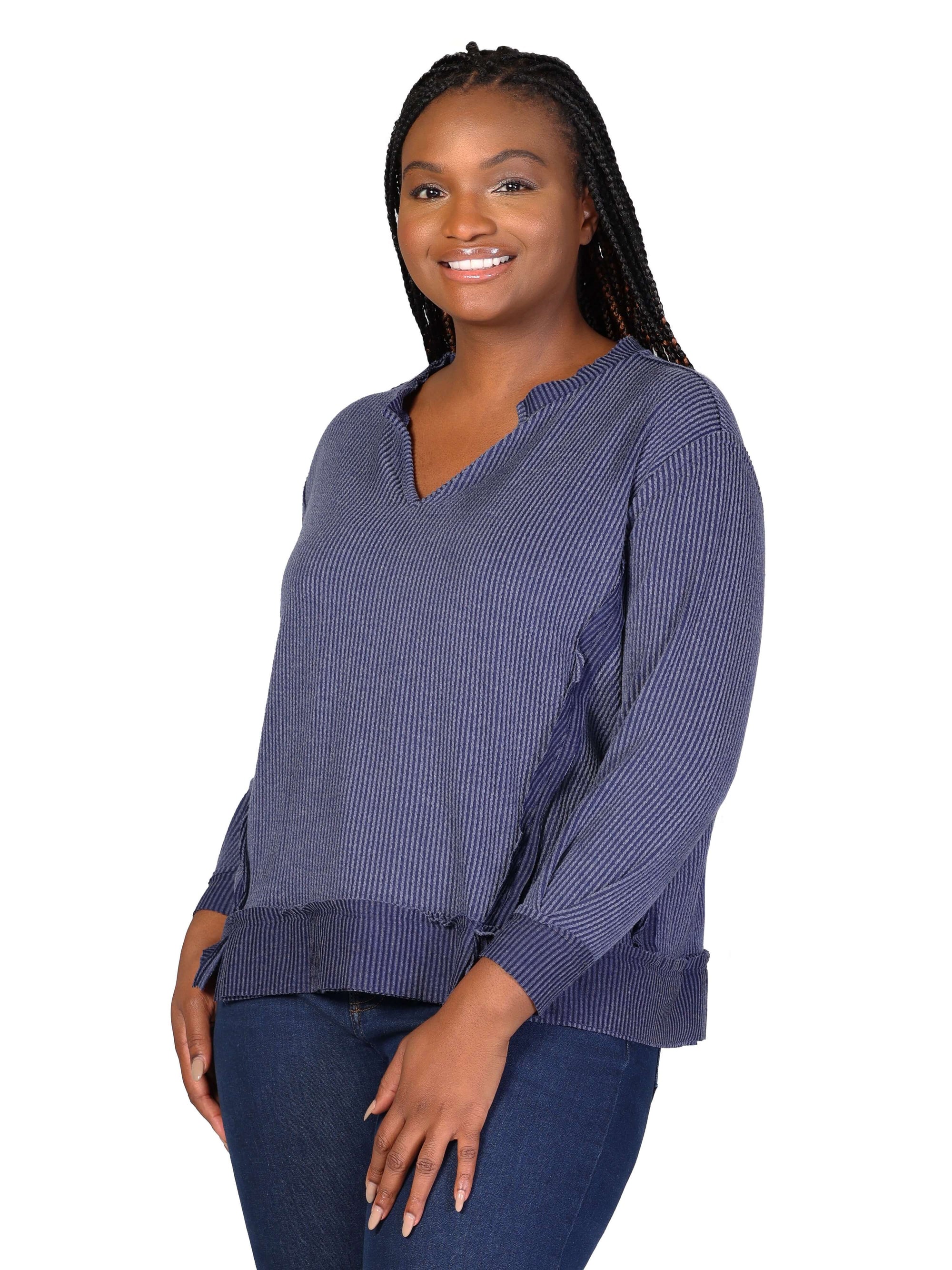 Plus Size Relaxed Fit Ribbed Knit V Neck Sweatshirt Top