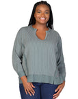 Plus Size Relaxed Fit Ribbed Knit V Neck Sweatshirt Top