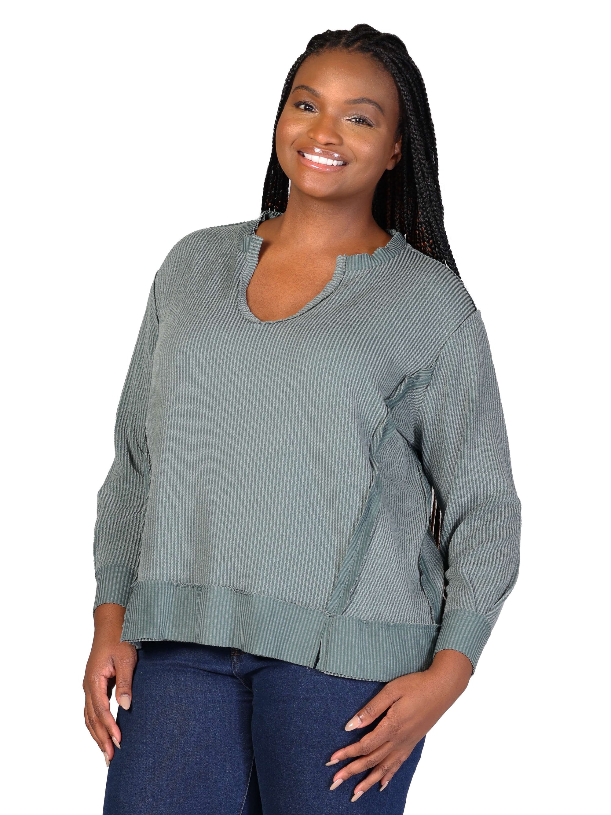 Plus Size Relaxed Fit Ribbed Knit V Neck Sweatshirt Top