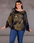 Plus Size Green Tie Dye Batwing Sleeve Relaxed Fit Top